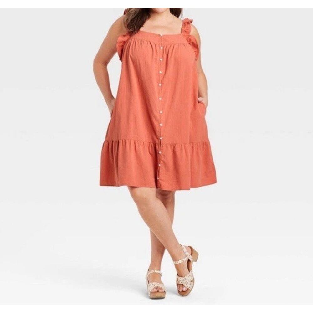 Universal Thread Womens Flutter Sleeve Dress 1X Peach Button Down Ruffle Tiered